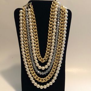 Multi strand faux Pearl gold tone chained necklace
